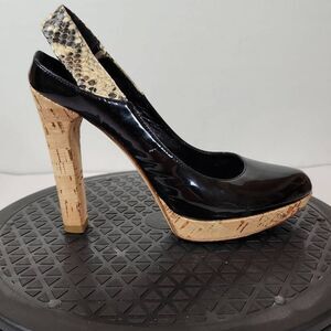 FENDI Black Patent Leather Round Toe Cork Platform High Heel Pumps Size 37.5 EU